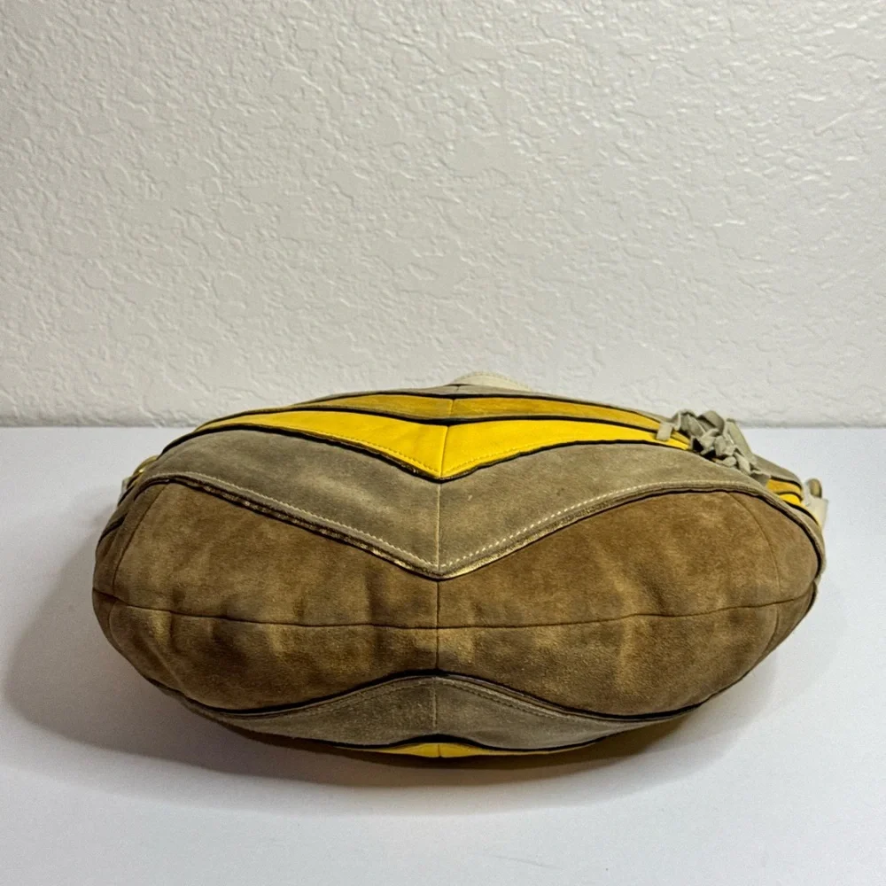 Coach Y2K Chevron Patterned Suede Leather Yellow Gold Cream Hobo Shoulder Bag